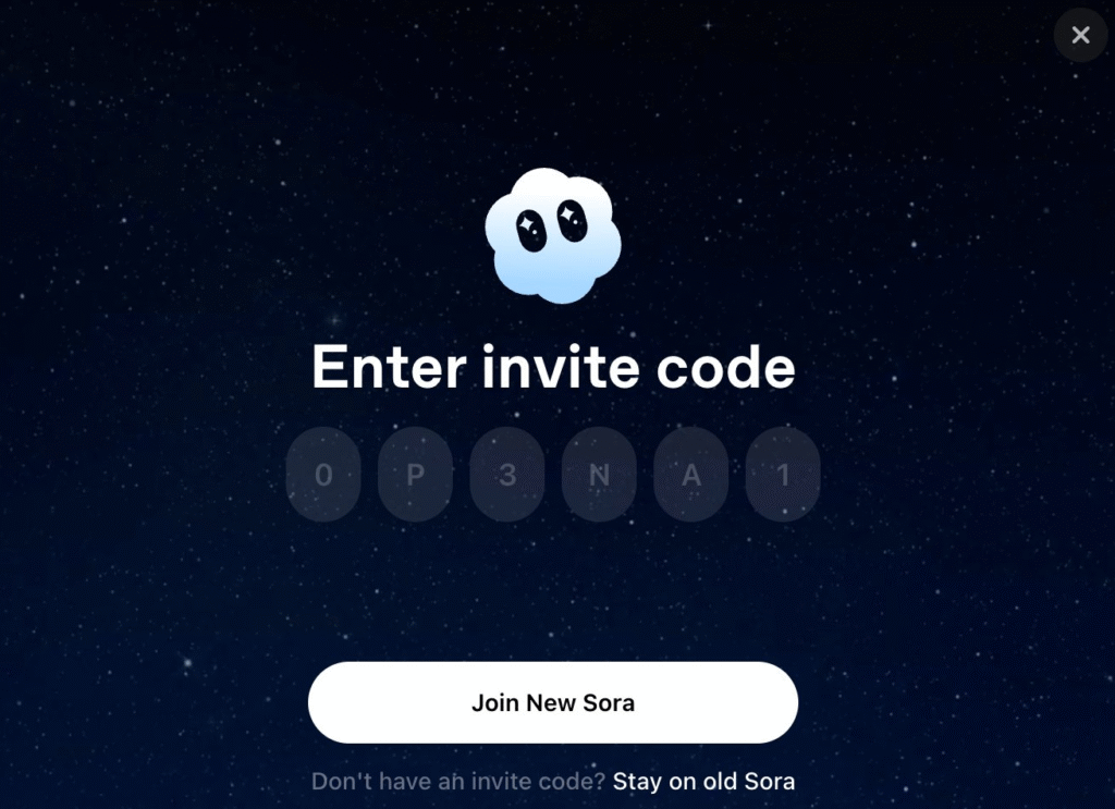 A screenshot showing the "Enter invite code" screen for OpenAI's New Sora app, with a cloud logo and stellar background.