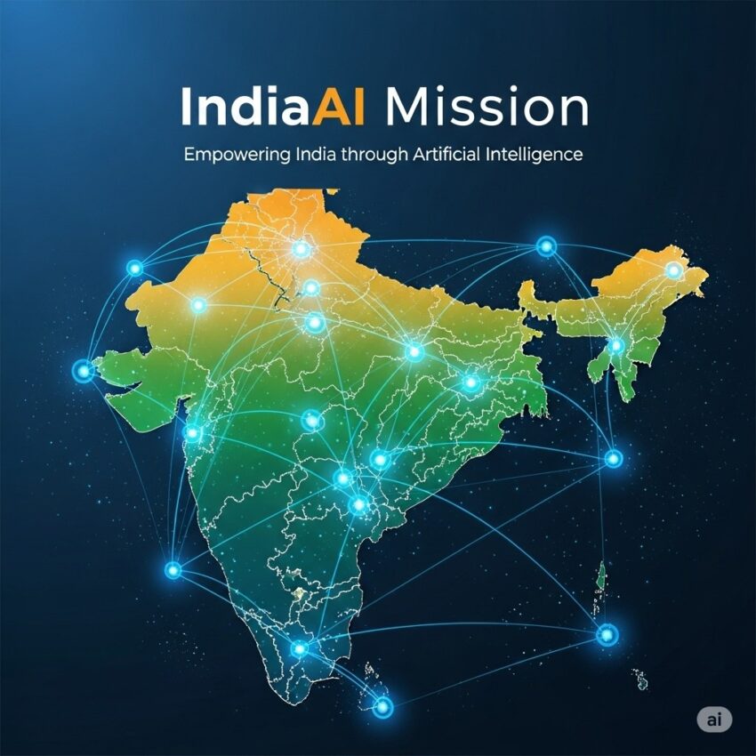 A graphic showing the map of India with interconnected nodes and the words "IndiaAI Mission," representing the country's push into artificial intelligence.