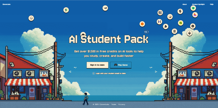 A promotional image for the ElevenLabs AI Student Pack, showing logos of various AI tools and the text 'Over $1,500 in free credits'.