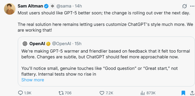 A collage of tweets from OpenAI and Sam Altman announcing a friendlier personality update for GPT-5, with user reactions