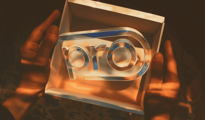A 3D glass 'Pro' logo for Perplexity AI being held in someone's hands, representing a free month reward from the referral program.