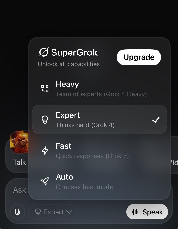 A smartphone screen showing the new user interface for xAI's Grok, with options to choose between Auto, Fast (Grok 3), and Expert (Grok 4) modes.