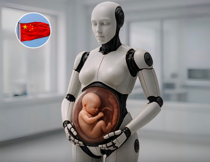 A split image showing the face of a humanoid robot next to the national flag of China.