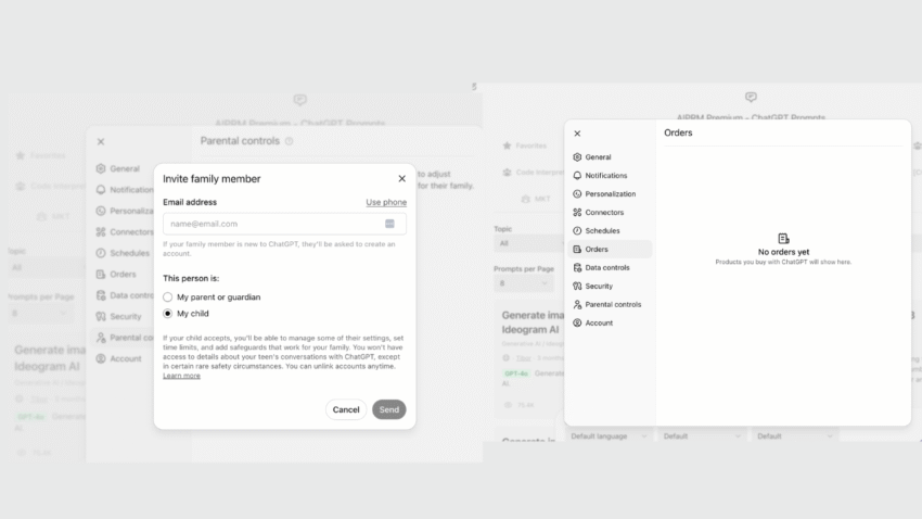 A parent inviting their child to link their ChatGPT account using the new parental controls feature.