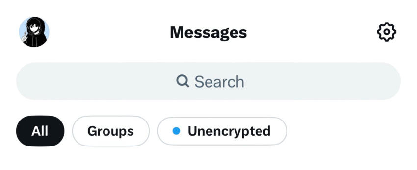 A screenshot of the new unified messages inbox on the X app, showing tabs for All, Groups, and Unencrypted messages.
