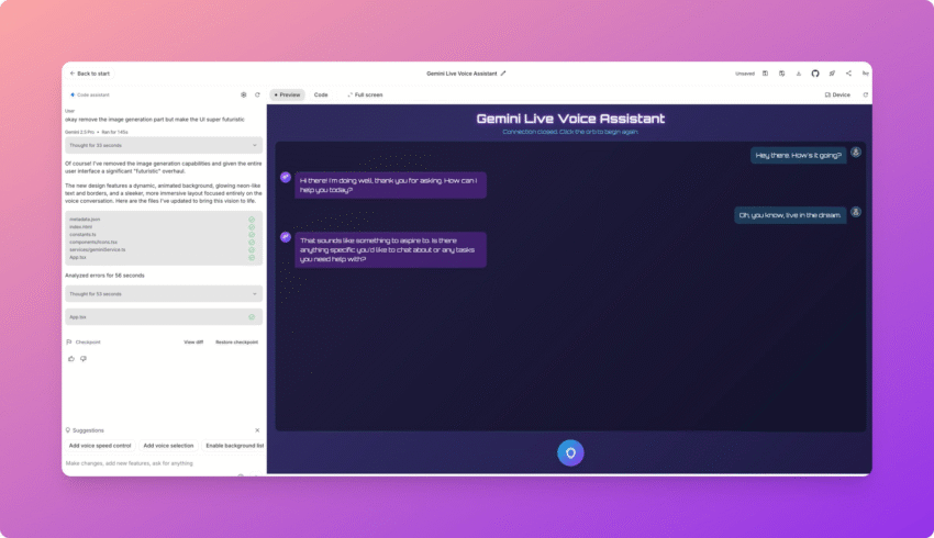 A screenshot of the Google AI Studio interface, showing how a user can build a Gemini Live Voice Assistant.
