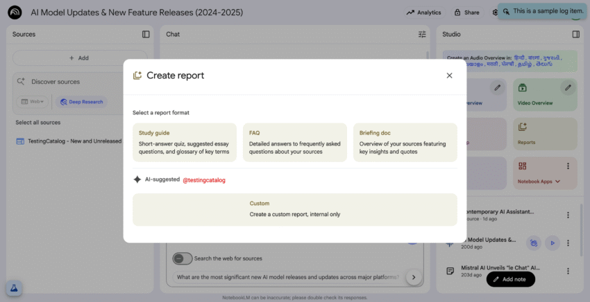A screenshot of the Google NotebookLM interface showing the new 'Create report' pop-up with an "AI-suggested" option highlighted.