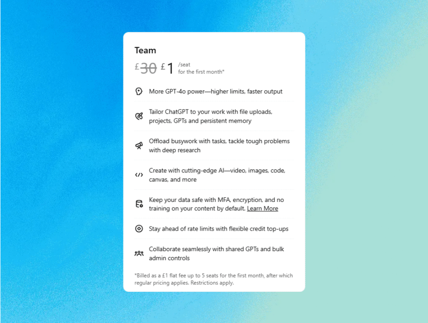 The sign-up page for the ChatGPT Team plan, highlighting the £1 introductory offer.