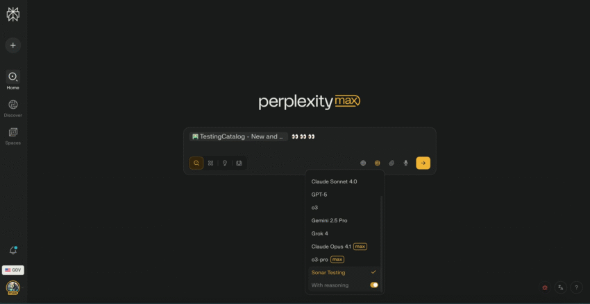 A screenshot showing Perplexity AI's new "Sonar Testing" model in a dropdown menu during an internal test.