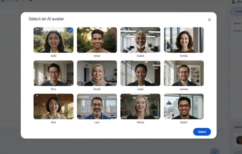 A diverse group of 12 professional-looking AI avatars from Google Vids, arranged in a grid, showcasing different ethnicities, genders, and styles.
