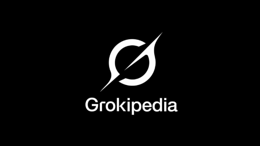 The official logo for xAI's Grokipedia project shown on a black background.