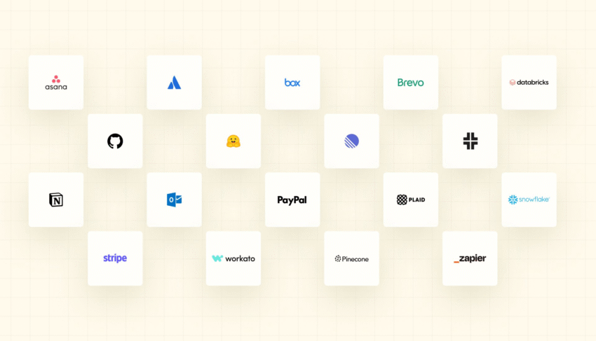 A grid of logos of various applications like Asana, GitHub, Stripe, and Zapier that can now connect with Mistral AI's Le Chat.