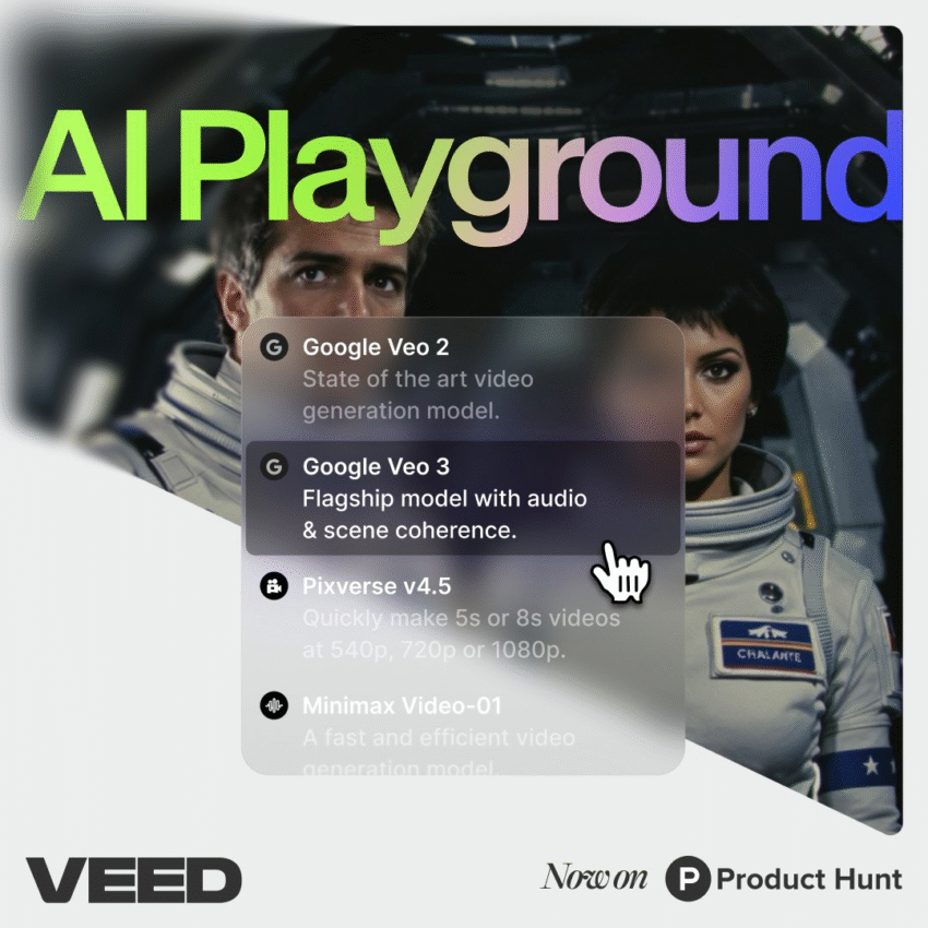 A graphic illustrating how VEED Fabric 1.0's AI technology transforms a text script into a video of a person talking.