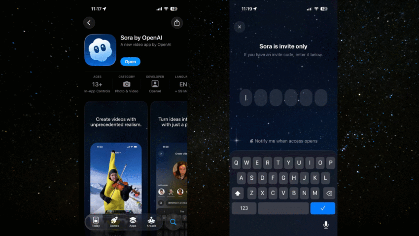 Screenshots of the OpenAI Sora app on the iOS App Store, showing the app icon and the invite-only access screen.
