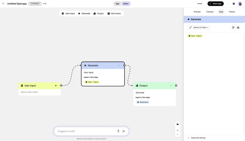 A person using a laptop to build a mini-app with the Google Opal no-code AI visual editor.