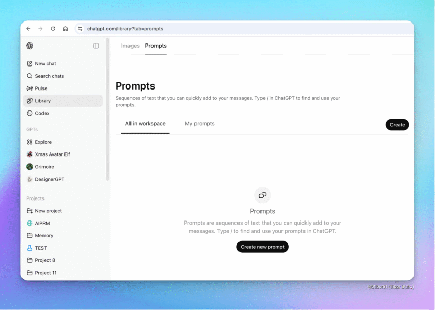 A screenshot of the new "Create prompt" window in ChatGPT, showing fields for Prompt name, Prompt text, Prompt description, and an option to automatically enable a tool.