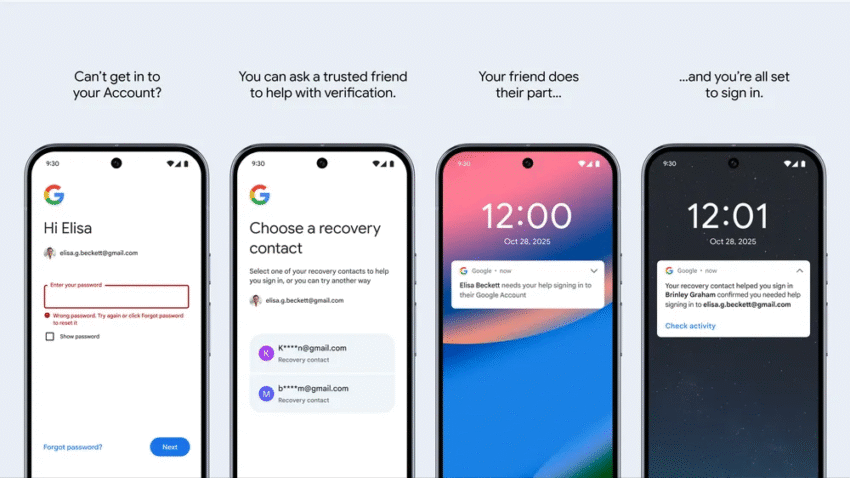 A collage of phone screens showing the new Google Recovery Contacts feature, where a user asks a friend for help to sign back into their account.