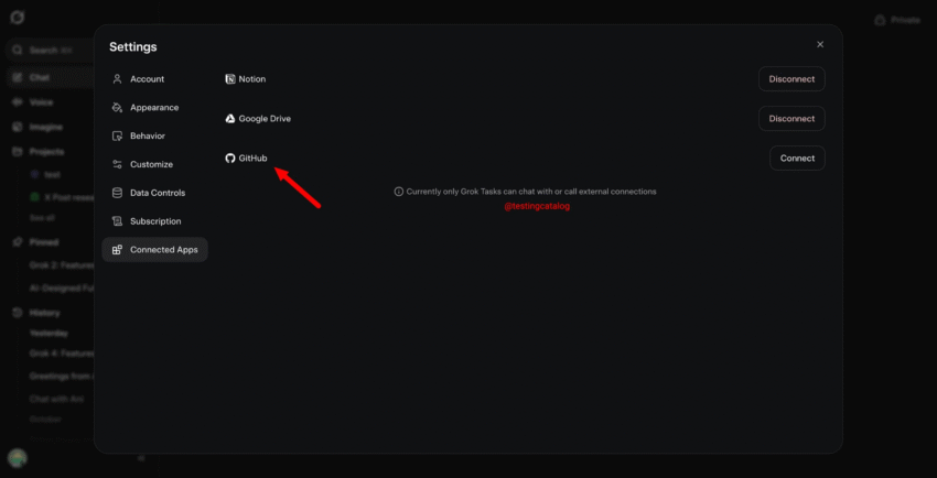 A screenshot of the Grok settings menu showing the "Connected Apps" section, with a red arrow pointing to the newly added "Grok GitHub integration" option.