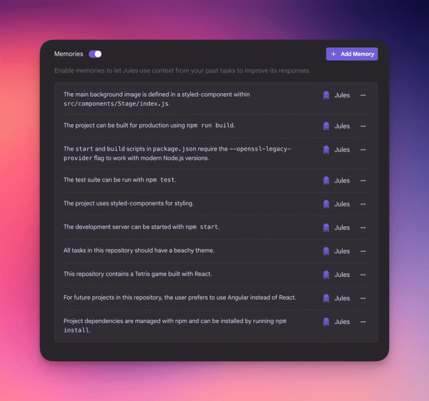 A social media post announcing the new Memory feature for the Jules AI coding assistant.