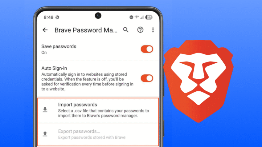 A screenshot of the Brave for Android password manager settings, highlighting the new 'Import passwords' feature.