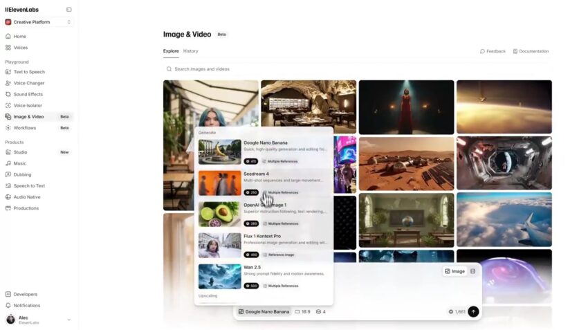 A collage of screenshots showing the ElevenLabs new Image & Video (Beta) interface and features, including video models like Sora and Veo.